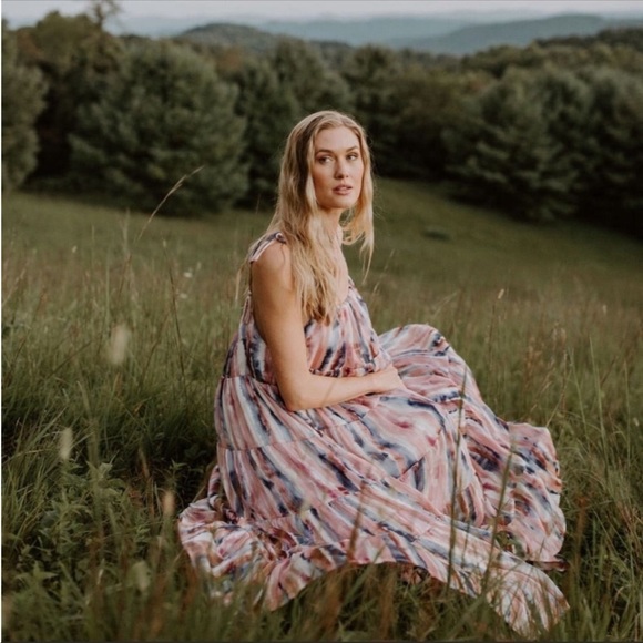 Storia Pink And Blue Gold Shimmer Watercolor Tiered Midi Dress Size M - Picture 6 of 13